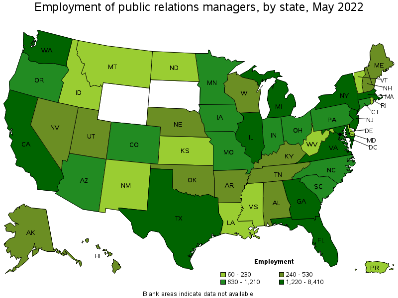 Map of employment of public relations managers by state, May 2022