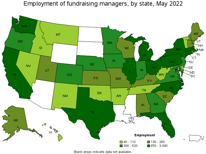 Map of employment of fundraising managers by state, May 2022