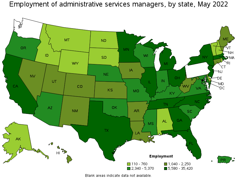 Map of employment of administrative services managers by state, May 2022