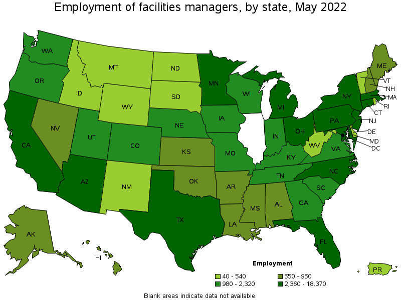 Map of employment of facilities managers by state, May 2022