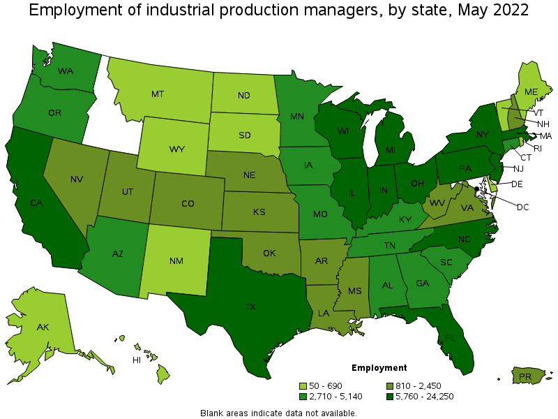 Map of employment of industrial production managers by state, May 2022