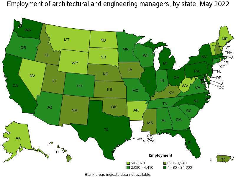 Map of employment of architectural and engineering managers by state, May 2022