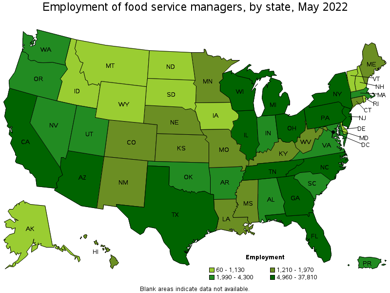 Map of employment of food service managers by state, May 2022