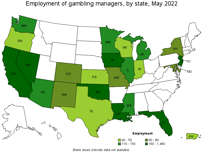 Map of employment of gambling managers by state, May 2022