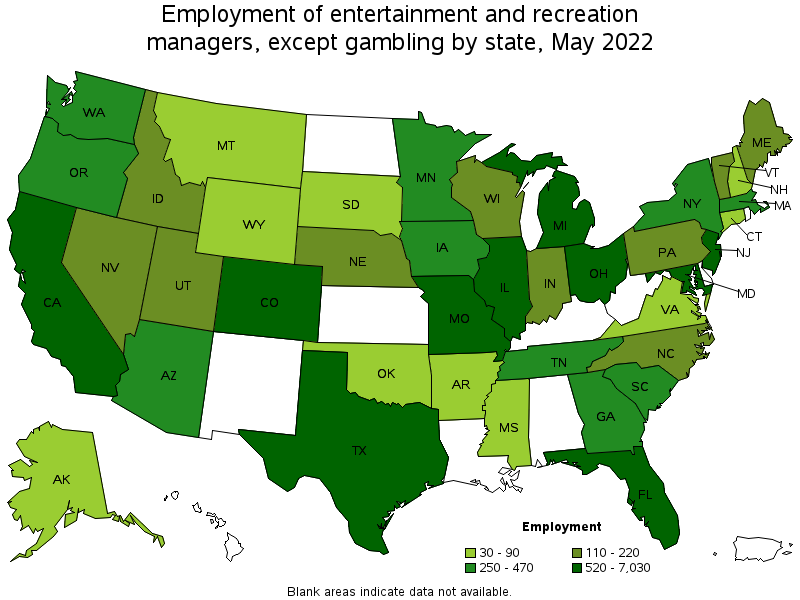 Map of employment of entertainment and recreation managers, except gambling by state, May 2022