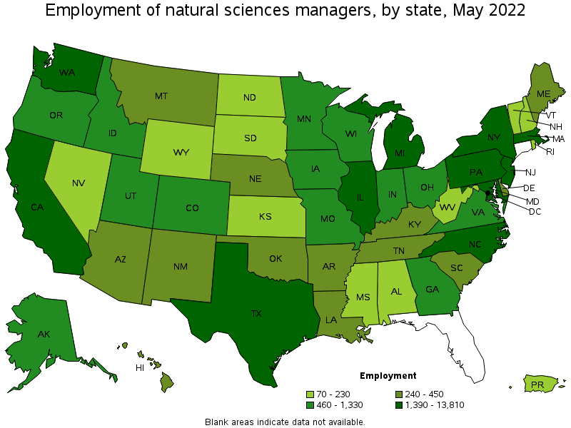 Map of employment of natural sciences managers by state, May 2022