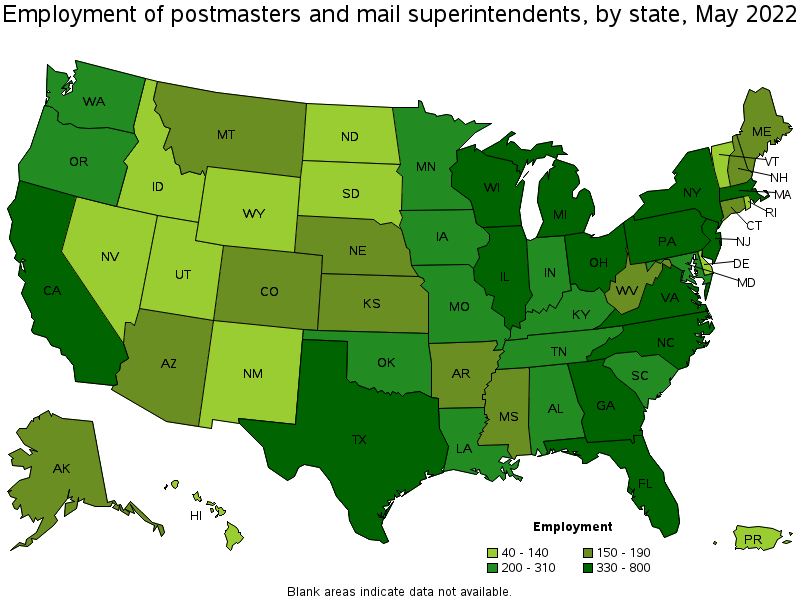 Map of employment of postmasters and mail superintendents by state, May 2022