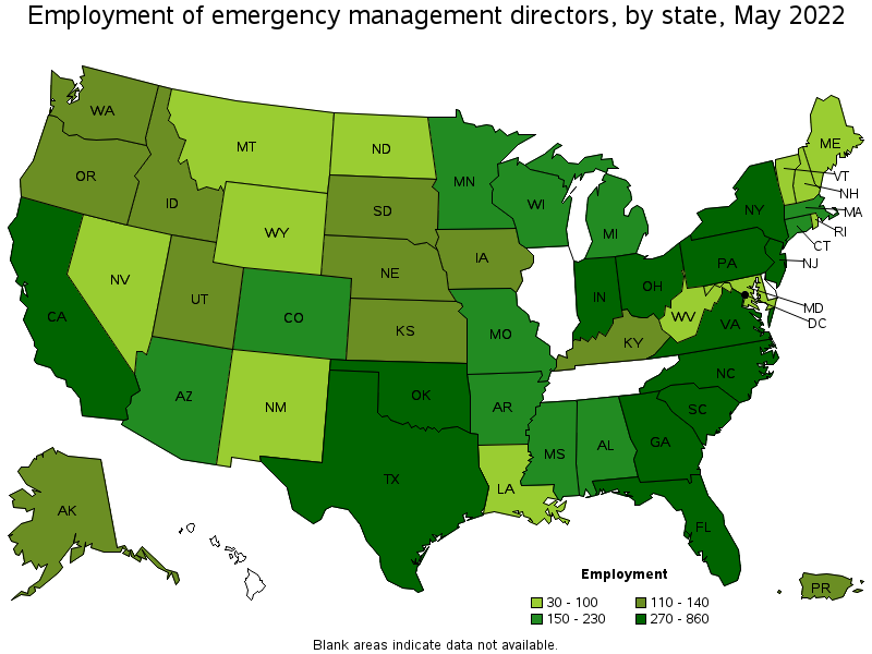 Map of employment of emergency management directors by state, May 2022