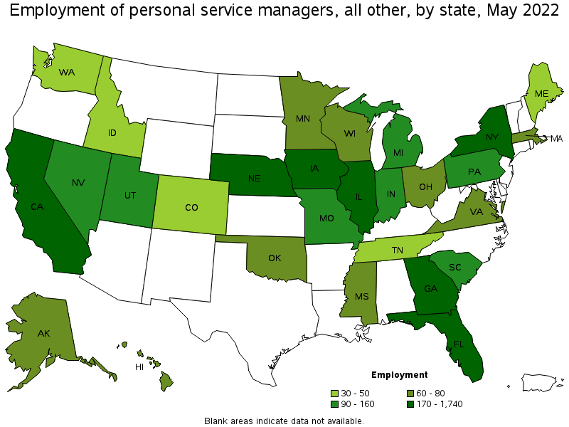 Map of employment of personal service managers, all other by state, May 2022