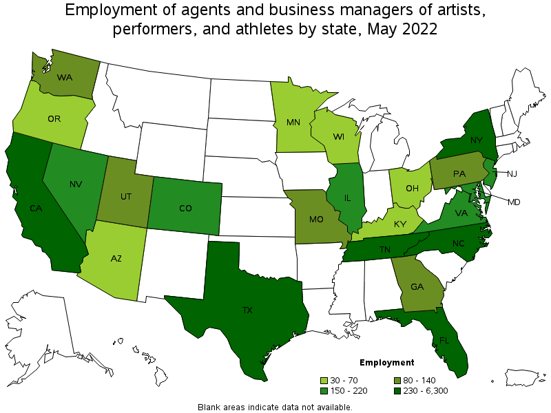 Map of employment of agents and business managers of artists, performers, and athletes by state, May 2022