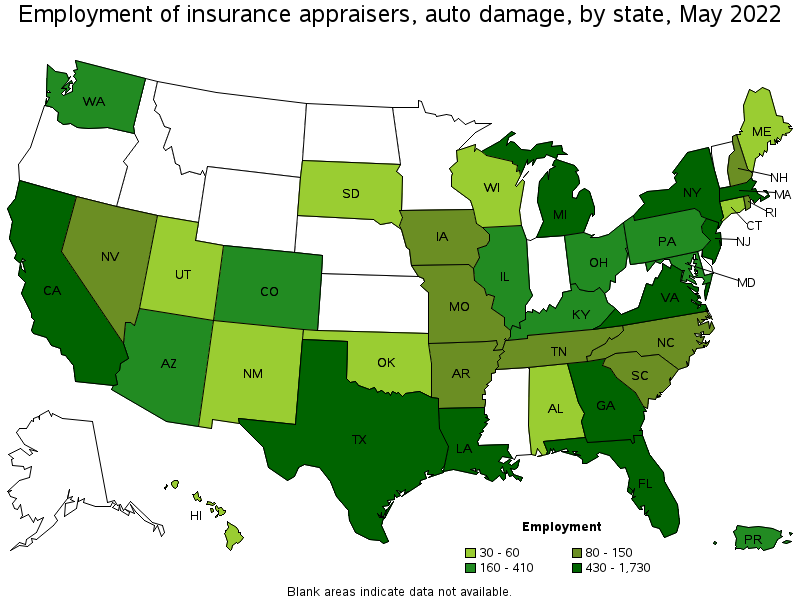 Map of employment of insurance appraisers, auto damage by state, May 2022