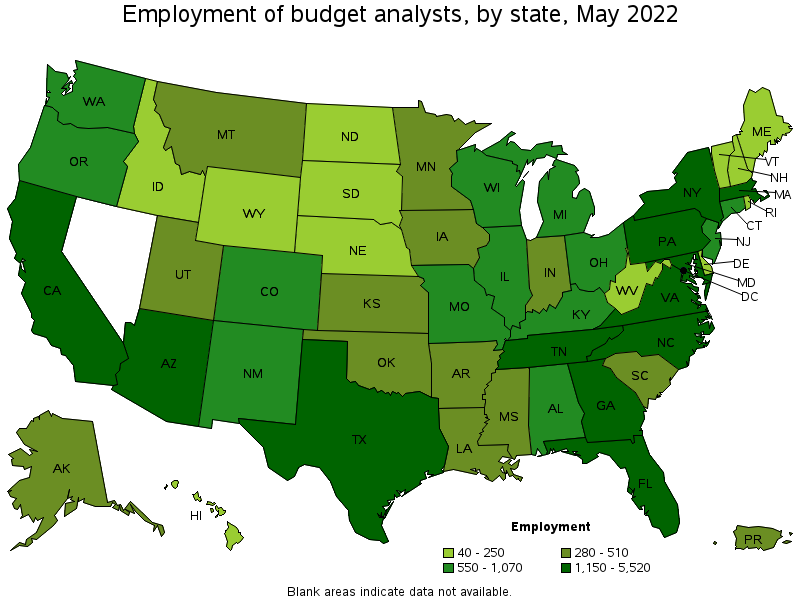 Map of employment of budget analysts by state, May 2022