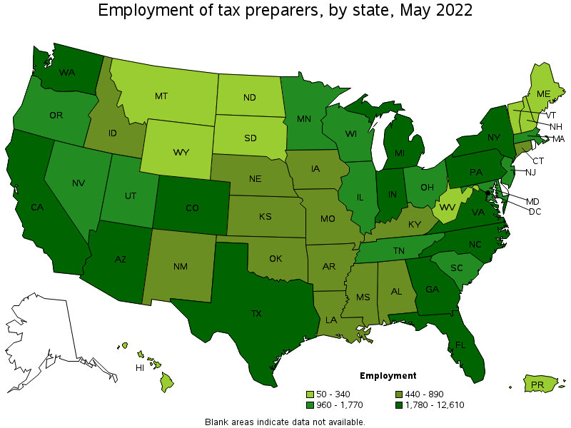 Map of employment of tax preparers by state, May 2022