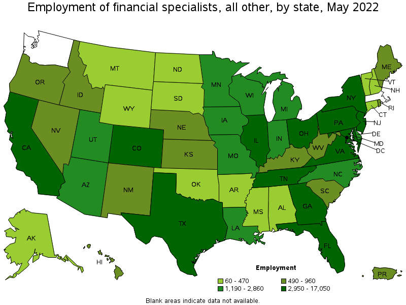 Map of employment of financial specialists, all other by state, May 2022