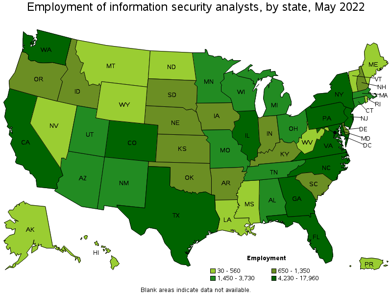 Map of employment of information security analysts by state, May 2022