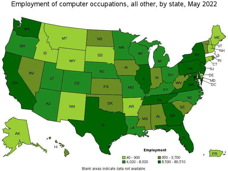 Map of employment of computer occupations, all other by state, May 2022