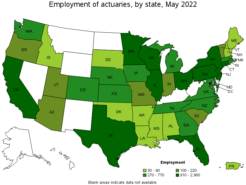 Map of employment of actuaries by state, May 2022