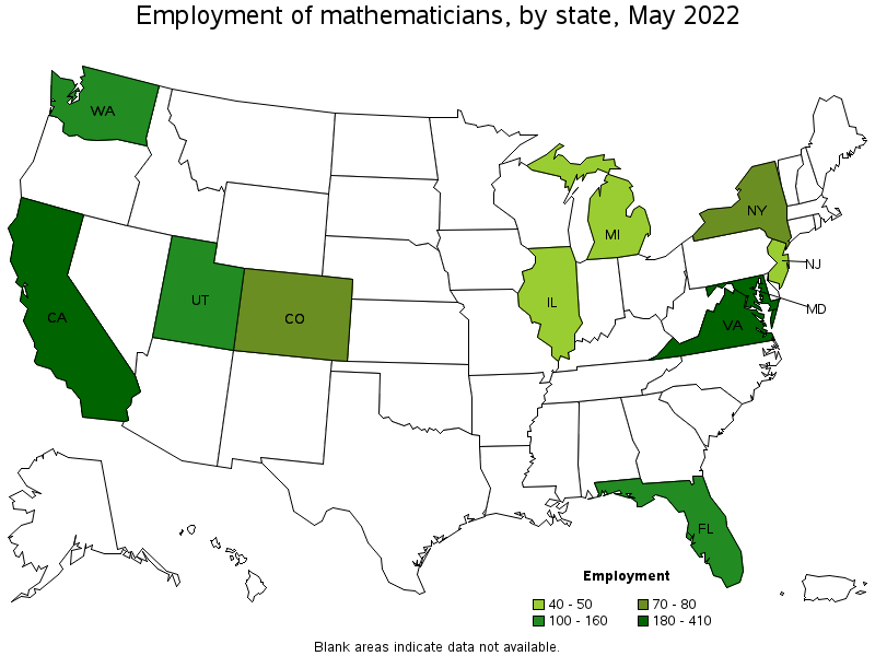 Map of employment of mathematicians by state, May 2022