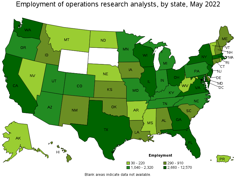 Map of employment of operations research analysts by state, May 2022