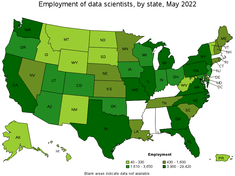 Map of employment of data scientists by state, May 2022