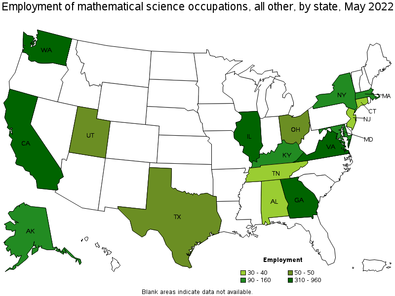 Map of employment of mathematical science occupations, all other by state, May 2022