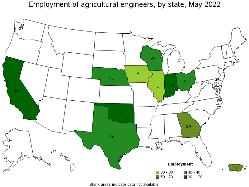 Map of employment of agricultural engineers by state, May 2022