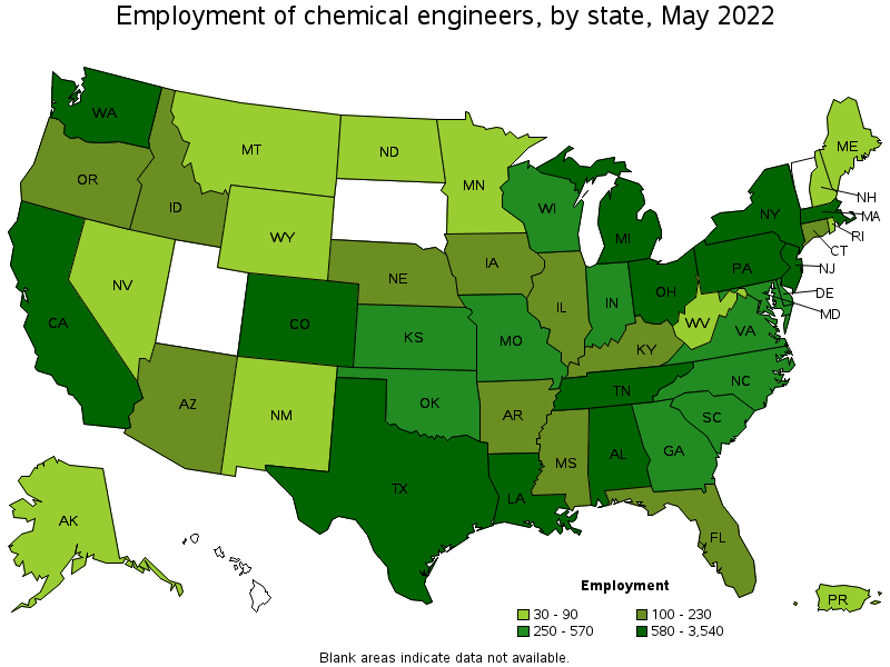 Map of employment of chemical engineers by state, May 2022