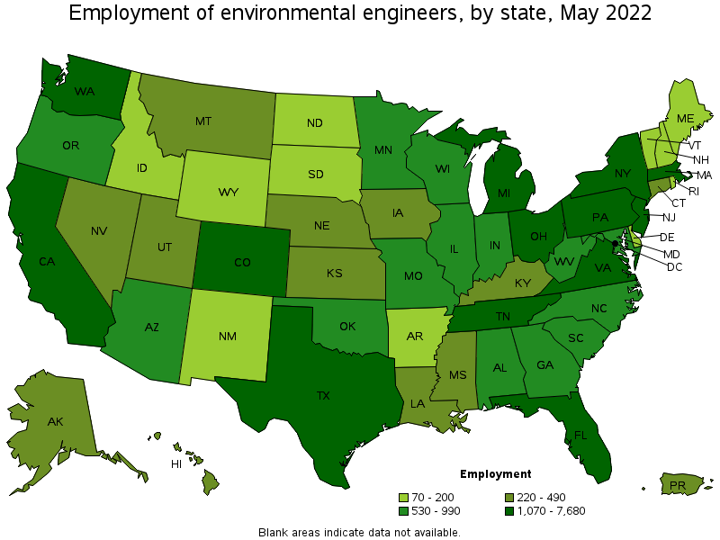 Map of employment of environmental engineers by state, May 2022