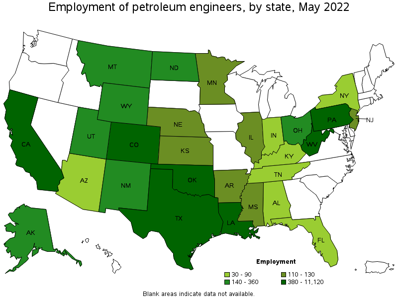 Map of employment of petroleum engineers by state, May 2022