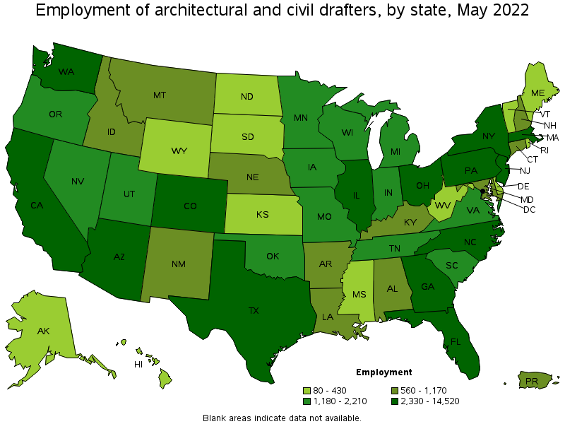 Map of employment of architectural and civil drafters by state, May 2022