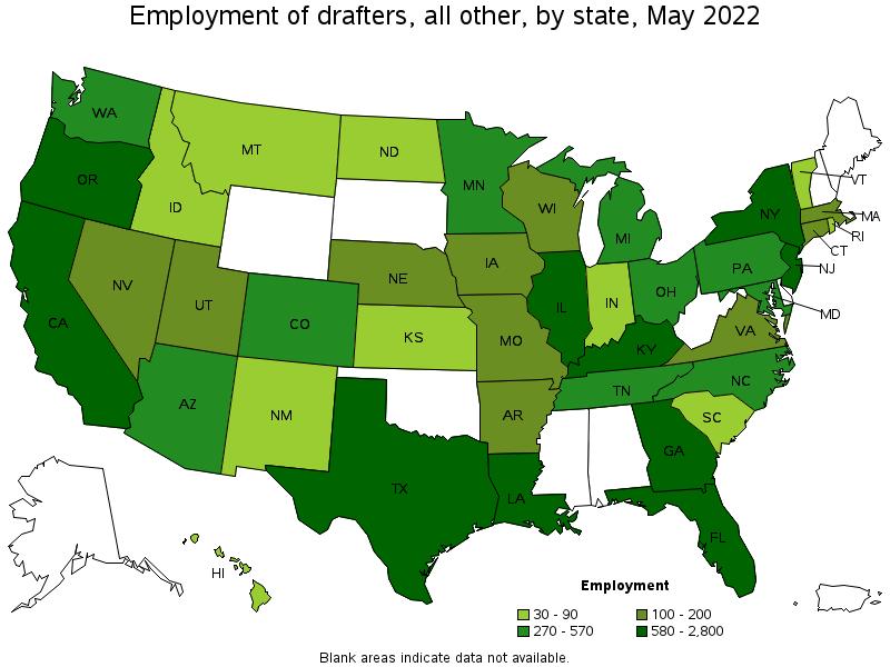 Map of employment of drafters, all other by state, May 2022