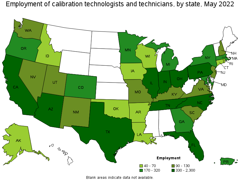 Map of employment of calibration technologists and technicians by state, May 2022