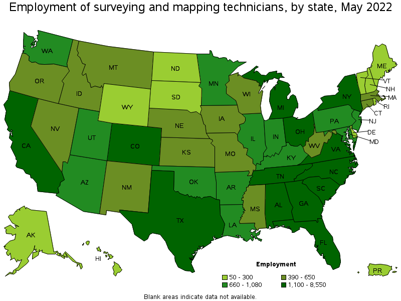 Map of employment of surveying and mapping technicians by state, May 2022