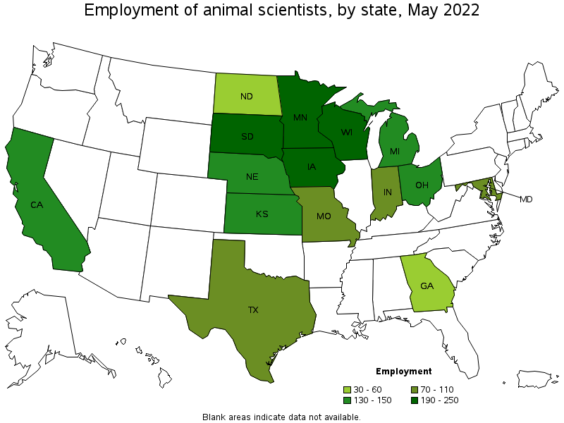 Map of employment of animal scientists by state, May 2022