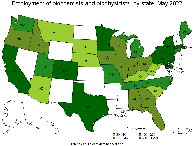 Map of employment of biochemists and biophysicists by state, May 2022