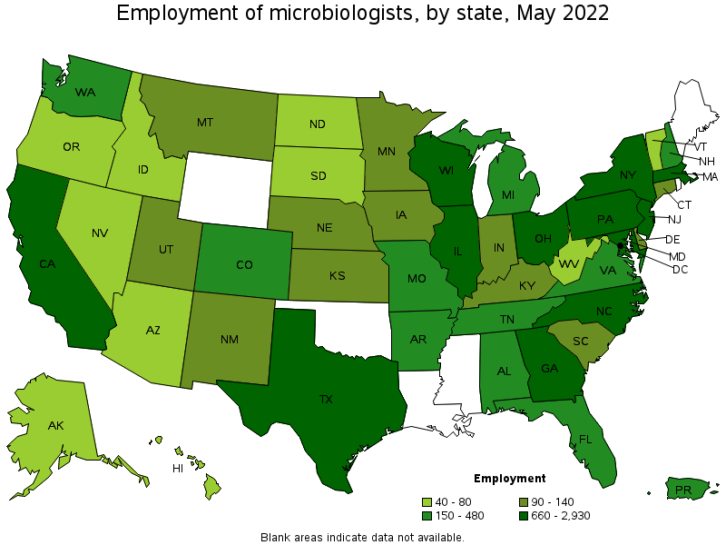Map of employment of microbiologists by state, May 2022