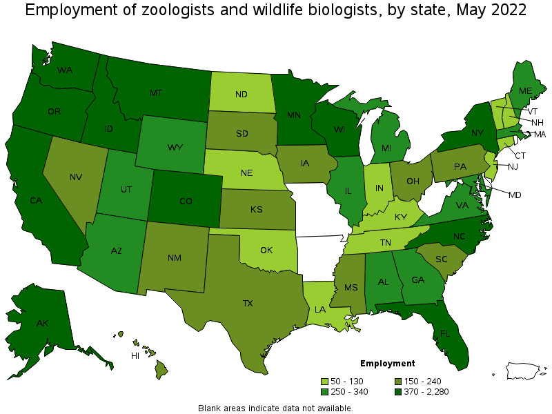 Map of employment of zoologists and wildlife biologists by state, May 2022