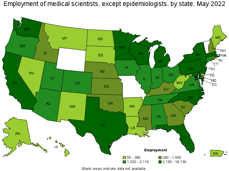 Map of employment of medical scientists, except epidemiologists by state, May 2022