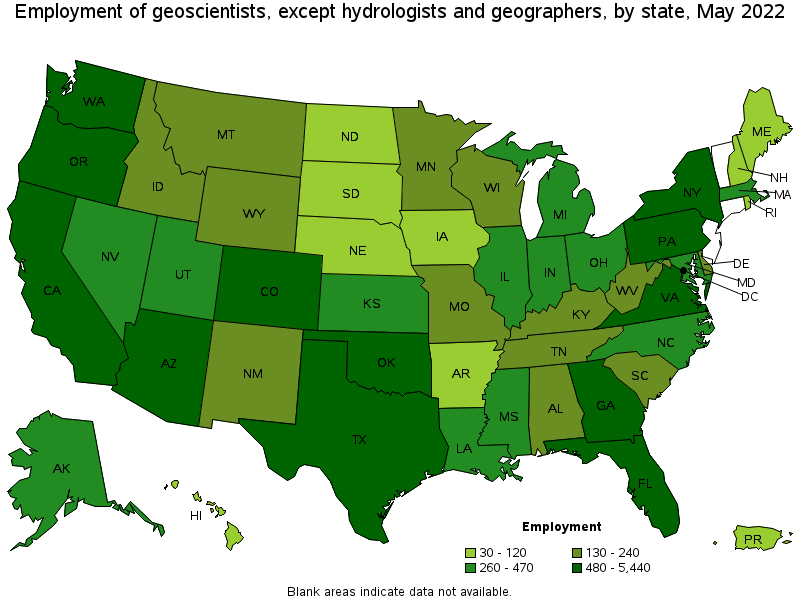 Map of employment of geoscientists, except hydrologists and geographers by state, May 2022