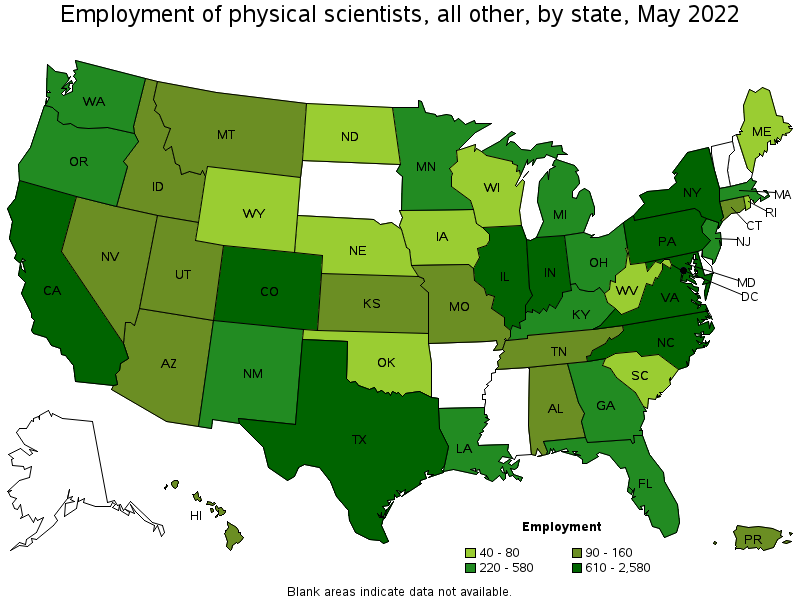 Map of employment of physical scientists, all other by state, May 2022