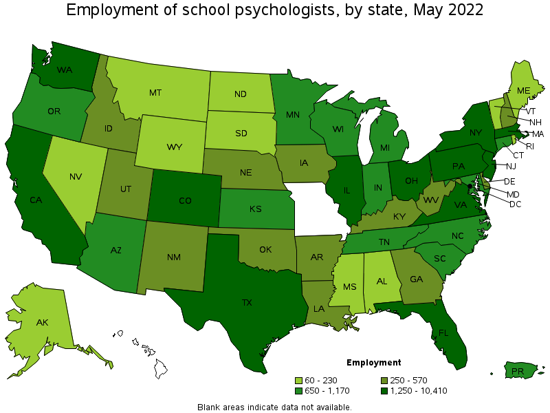 Map of employment of school psychologists by state, May 2022