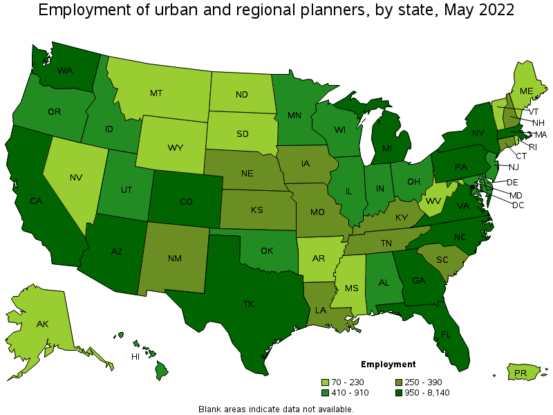 Map of employment of urban and regional planners by state, May 2022