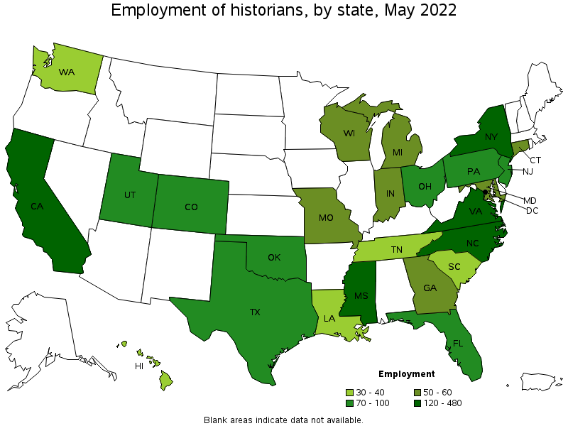 Map of employment of historians by state, May 2022