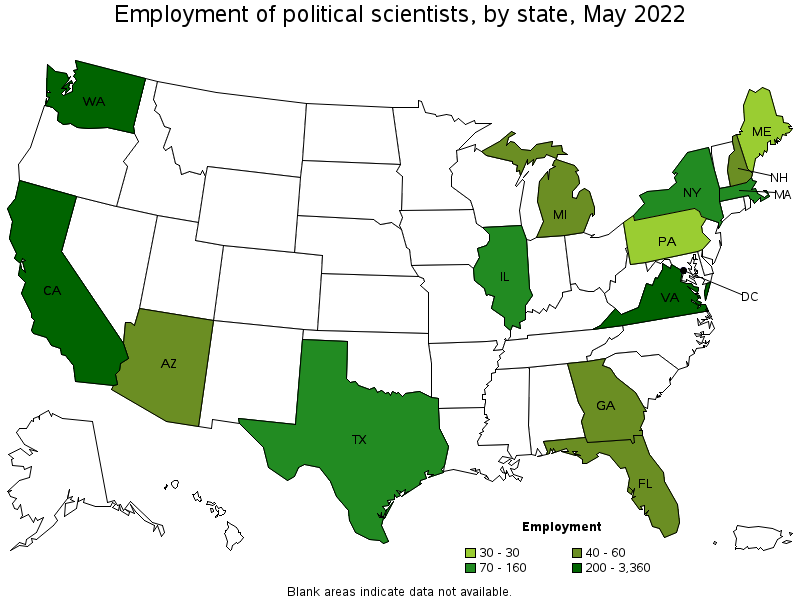 Map of employment of political scientists by state, May 2022