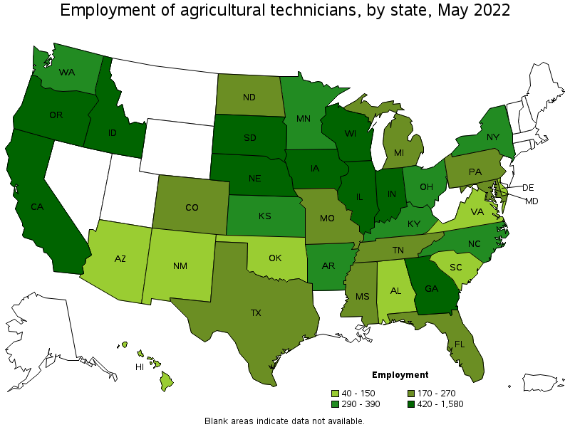 Map of employment of agricultural technicians by state, May 2022