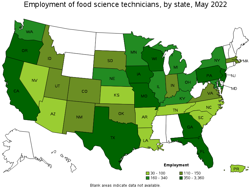 Map of employment of food science technicians by state, May 2022