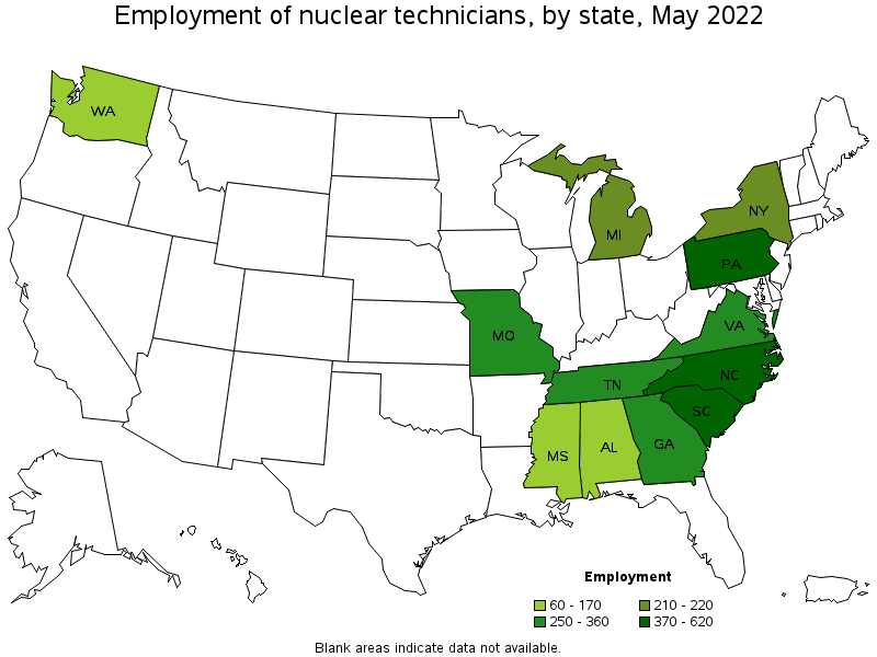 Map of employment of nuclear technicians by state, May 2022