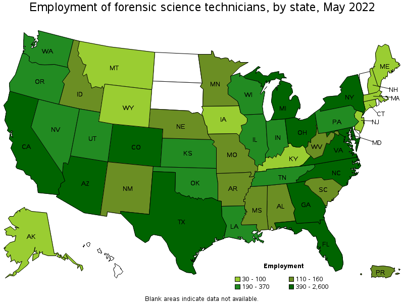 Map of employment of forensic science technicians by state, May 2022