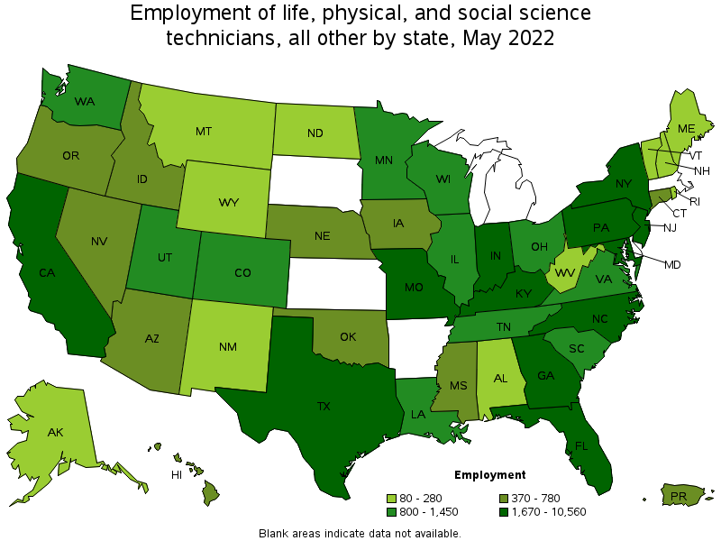 Map of employment of life, physical, and social science technicians, all other by state, May 2022