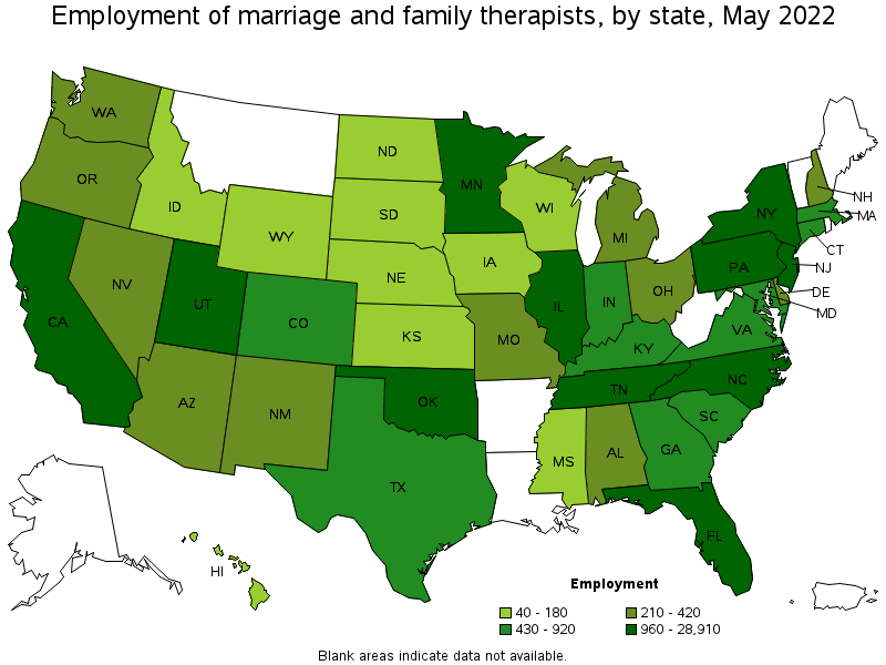 Map of employment of marriage and family therapists by state, May 2022